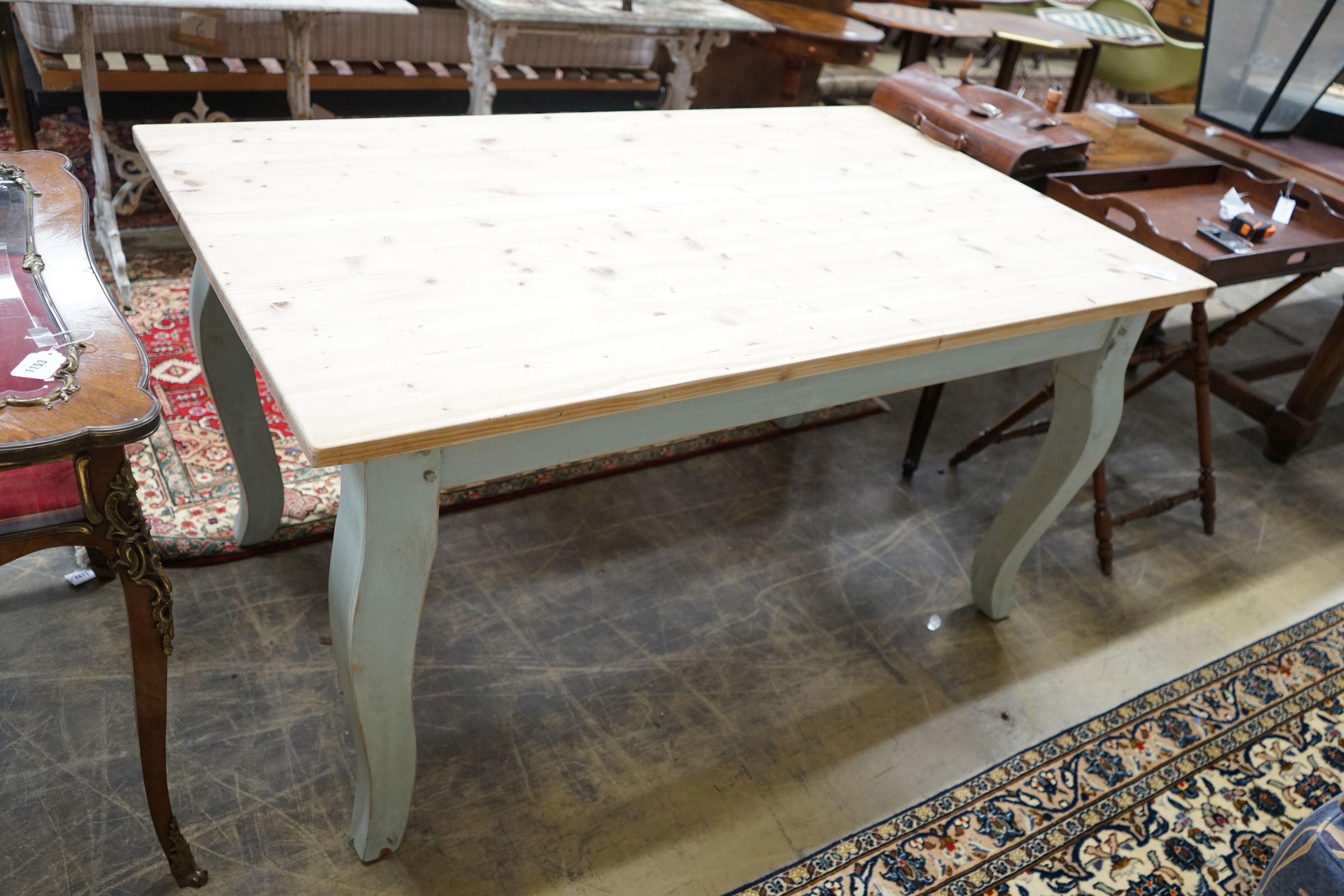 A French style part painted pine kitchen table, width 152cm, depth 91cm, height 78cm